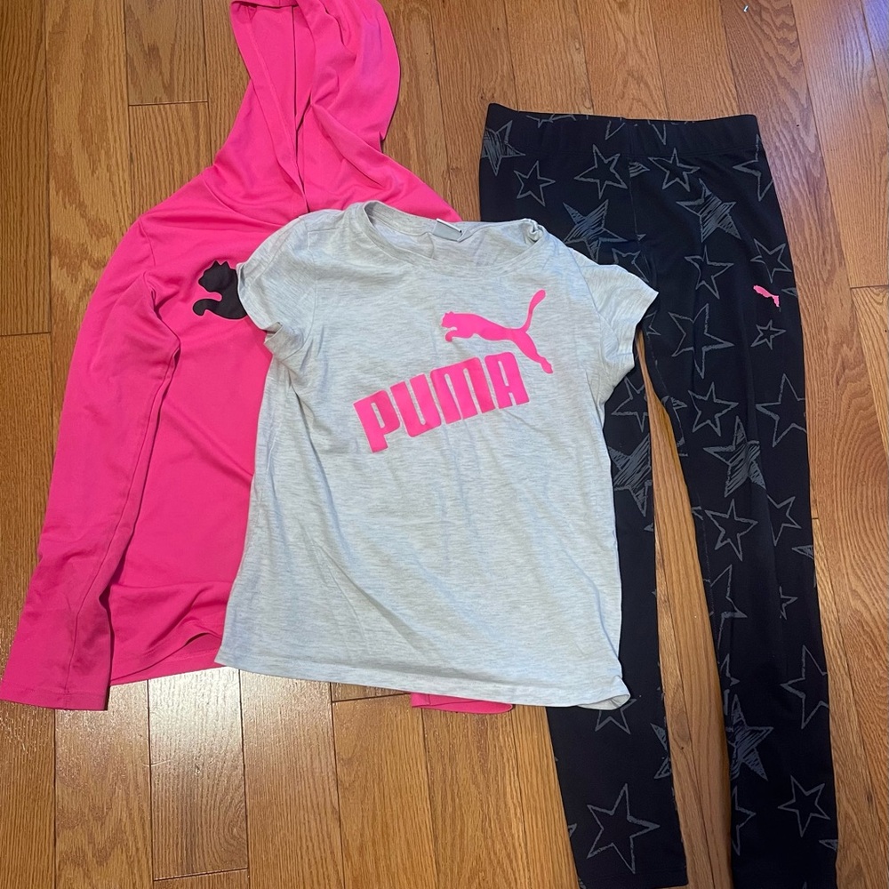 Puma Pink Hoodie, Gray T-Shirt, and Black Star Leggings Set